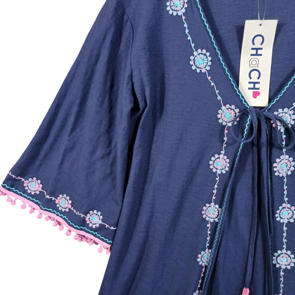 Chach, NWT,  Maxi Kimono, Boho, Navy w/ Pink & Aqua Trim, Whimsical, Small - Picture 5 of 14